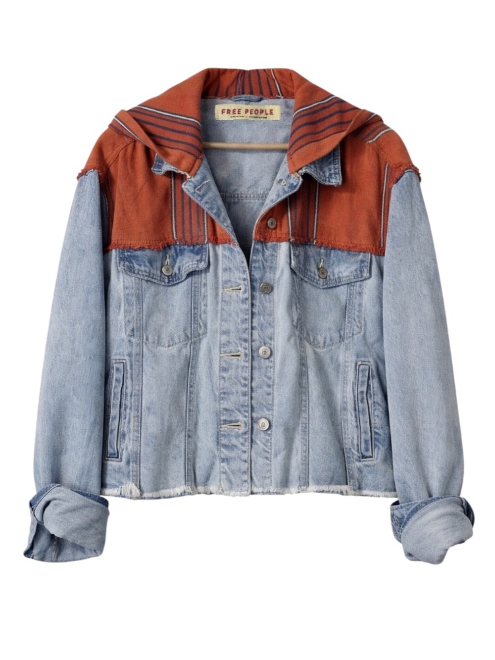Free People Baja Hooded Denim Jacket Distressed Striped Boho Medium M NWOT